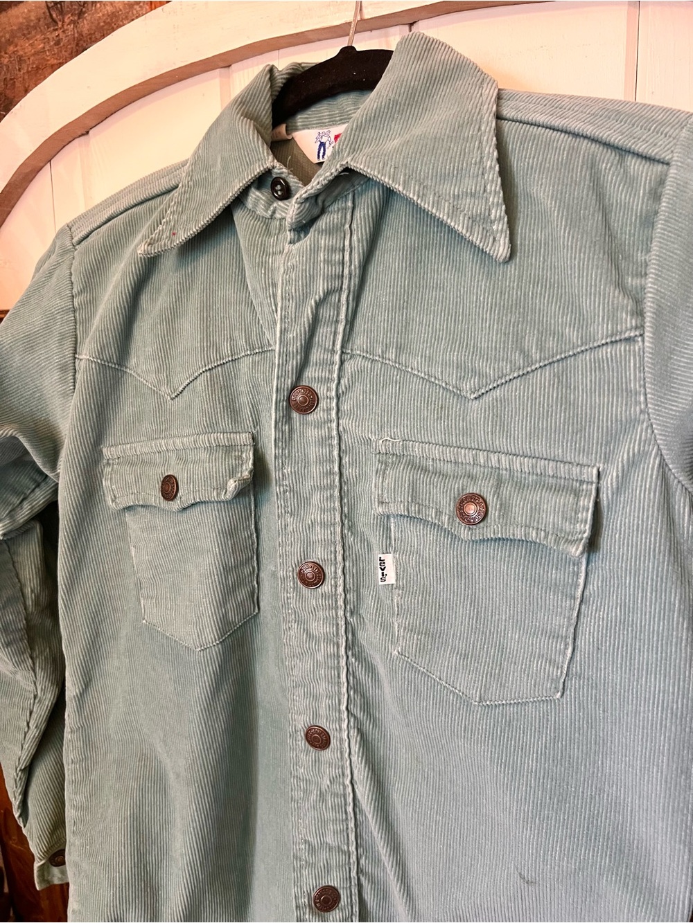 Vintage 70s Western Levis Corduroy Shirt Work Shirt Hippie Light Blue XS/Small - Picture 8 of 10